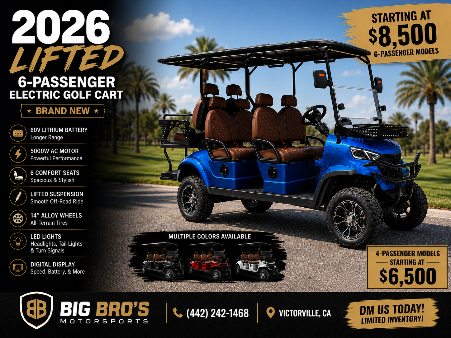 2026 Lifted 6-Passenger Electric Golf Cart — Blue